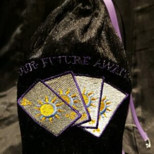 Tarot Card Bag, Black Crushed Velvet with Tarot Card Embroidery