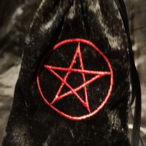 Tarot Card Bag, Black Crushed Velvet with Red Pentagram Embroidery