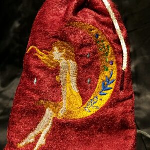 Tarot Card Bag, Red Crushed Velvet with Moon Maiden Embroidery
