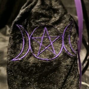 Tarot Card Bag, Black Crushed Velvet with Purple Triple Moon Pentagram Embroidery