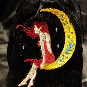 Tarot Card Bag, Black Crushed Velvet with Moon Maiden Embroidery