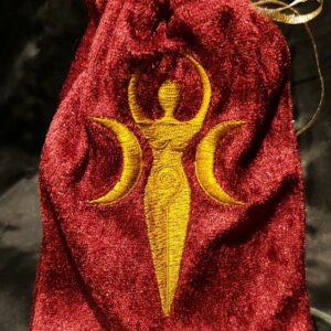 Tarot Card Bag, Red Crushed Velvet with Gold Embroidery